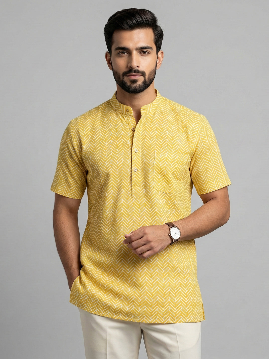Men Cotton Short Length Pocket Kurta Bright Yellow OG16
