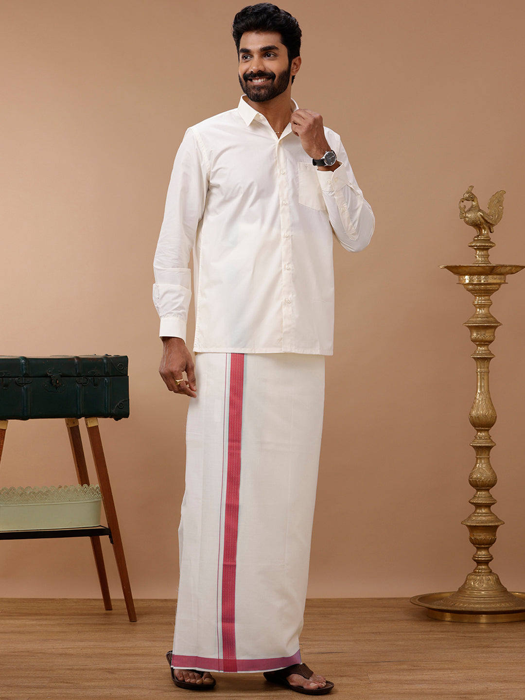 Men Red Fancy Border Double Layer Kora Dhoti VKF01