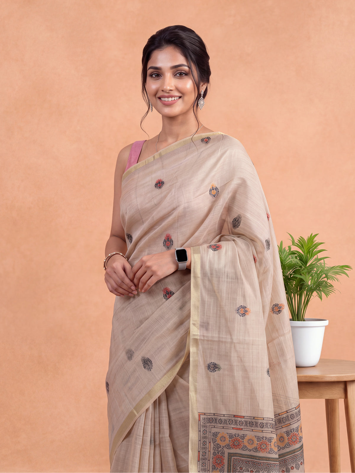 Women Spun Poly Light Brown Floral Printed Saree SP28