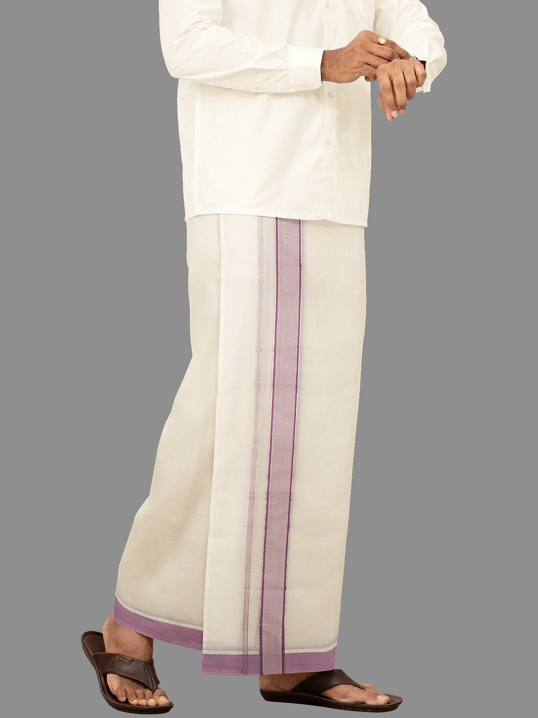 Men Violet Fancy Jari Border Kora Double Dhoti Harmony Fancy