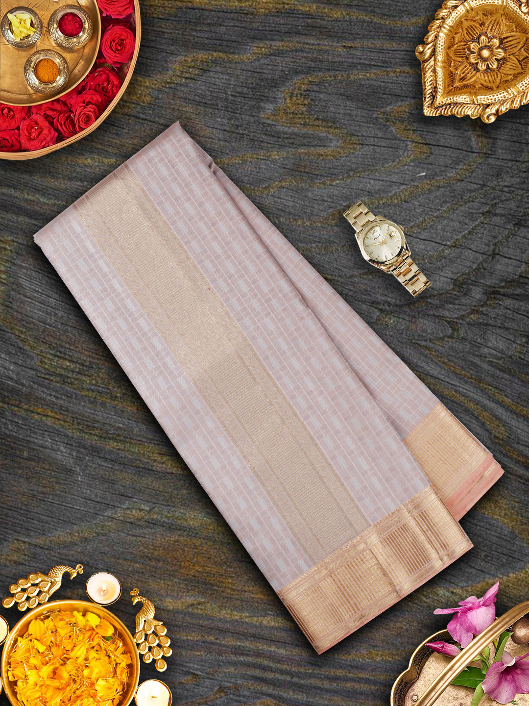 Mens Pure Silk 4" Fawn Copper With Gold Jari Border Dhoti With Towel Amirtham-View two