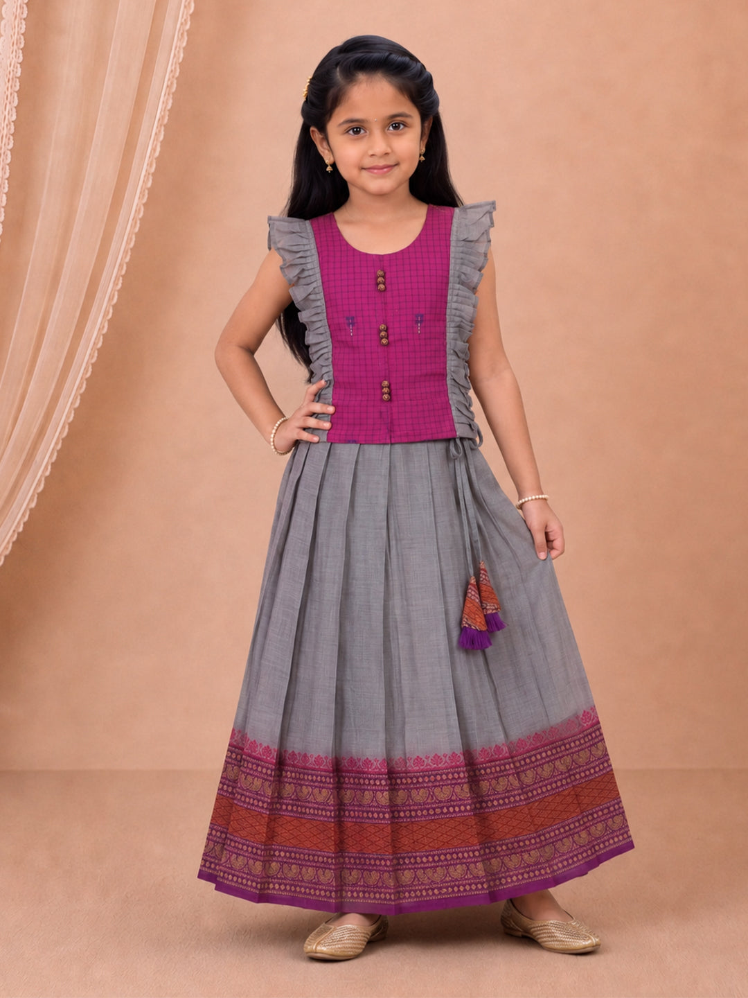 Girls Cotton Pink with Violet Pattu Pavadai Set GPS50