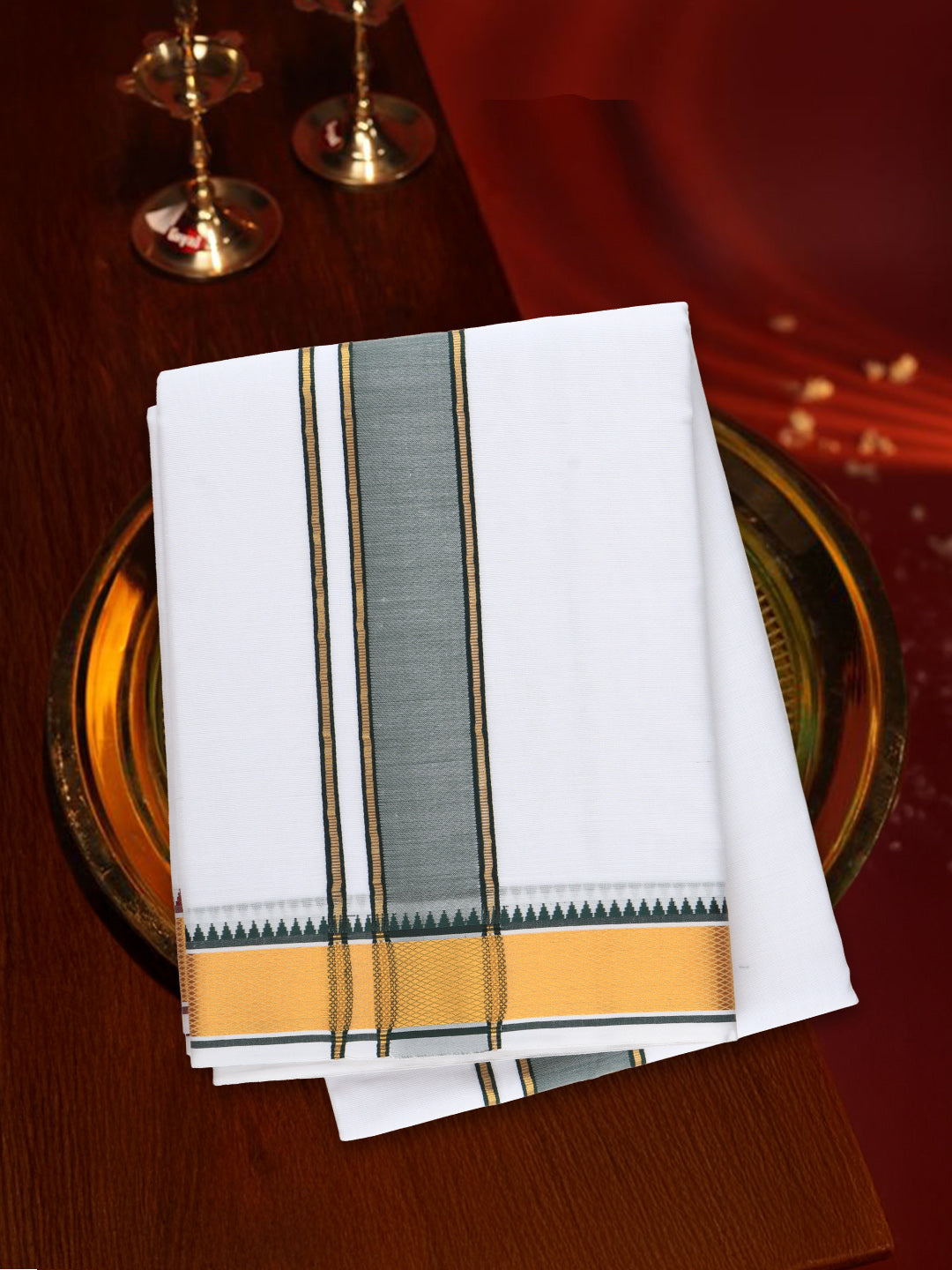 Men 100% Cotton Fancy Jari Border Panchakacham with Angavasthram Simhachalam (9+5)