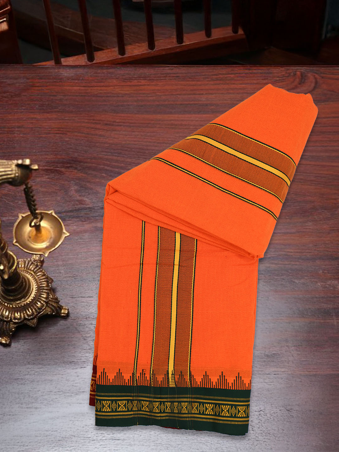 Men 100% Cotton Fancy Border Panchakacham with Angavasthram Orange(9+5)