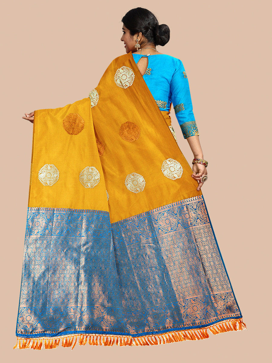 Women Semi Silk Yellow with Contrast Blue Border Saree SS56