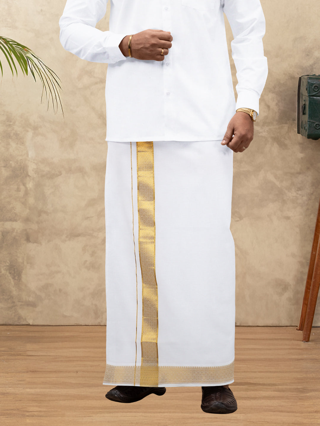 Men 100% Cotton Single Layer White Dhoti with Gold Jari Border Aura 297