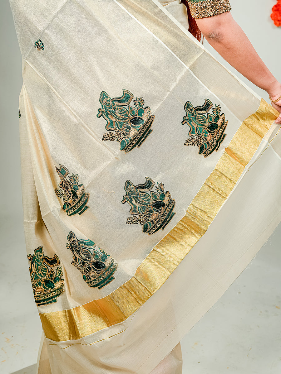 Womens Kerala Tissue Krishnan Design Embroidery Gold Jari Saree KS85 Onam Collection