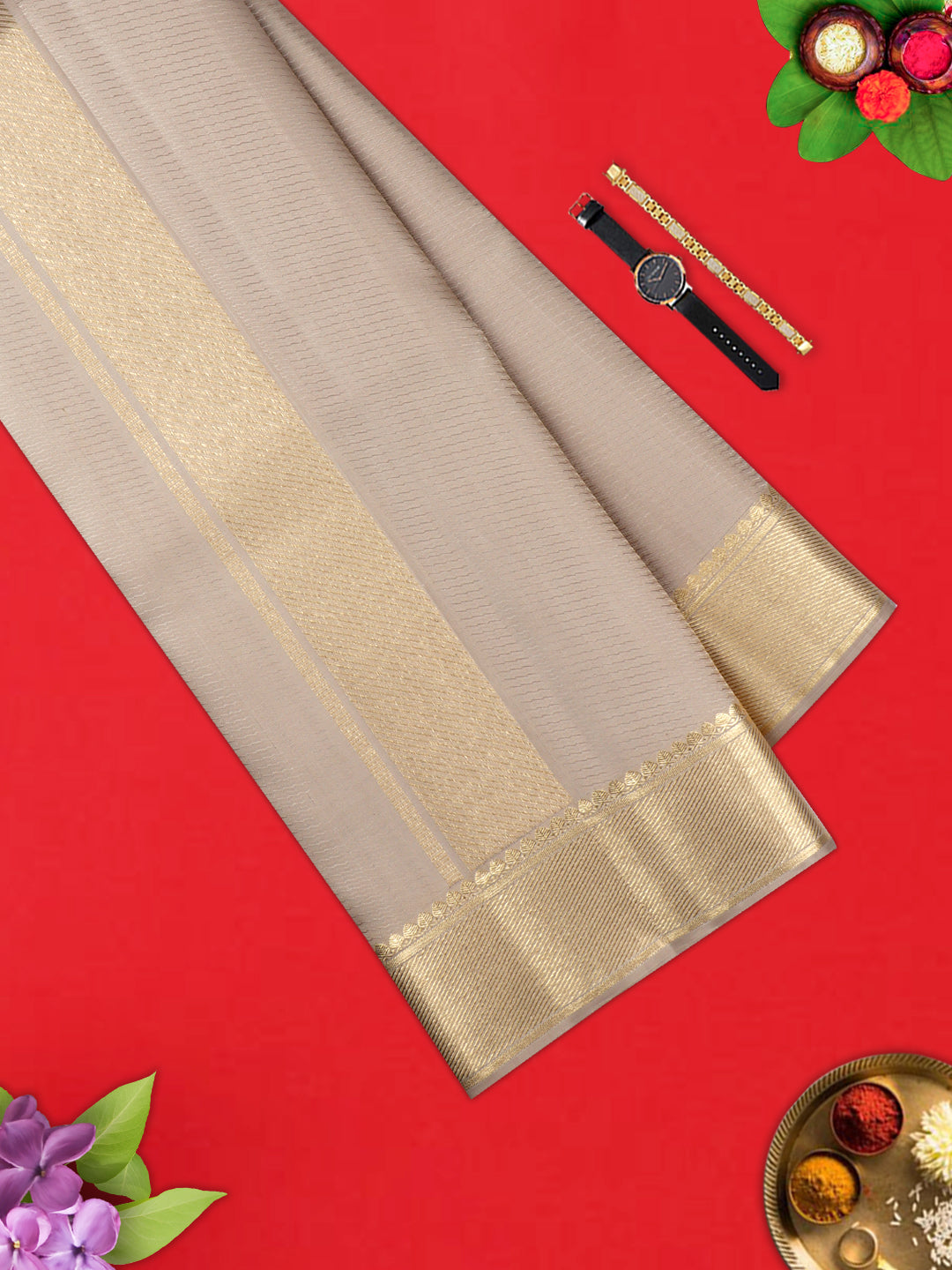 Mens Pure Silk Grey 3 1/2" Gold Jari Border Dhoti with Towel Amirtham-View two