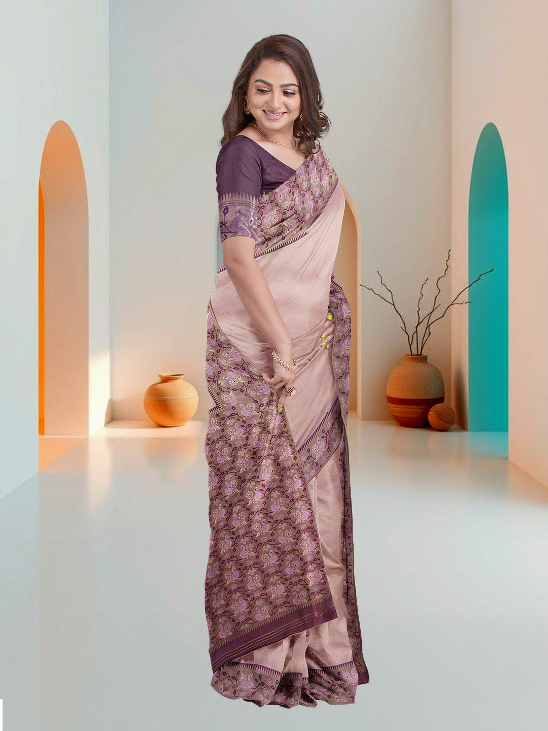 Women Pink Art Silk Printed Saree ASS70