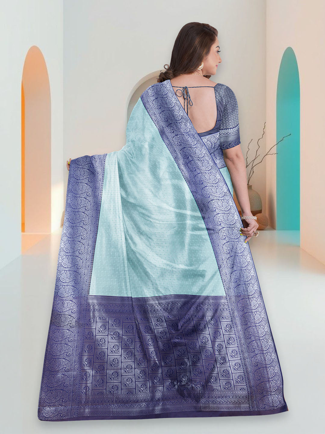Women Cyan Blue Art Silk Printed Saree ASS87