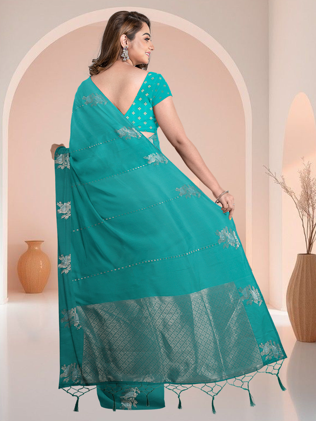 Women Teal Blue Semi Silk Saree SS350