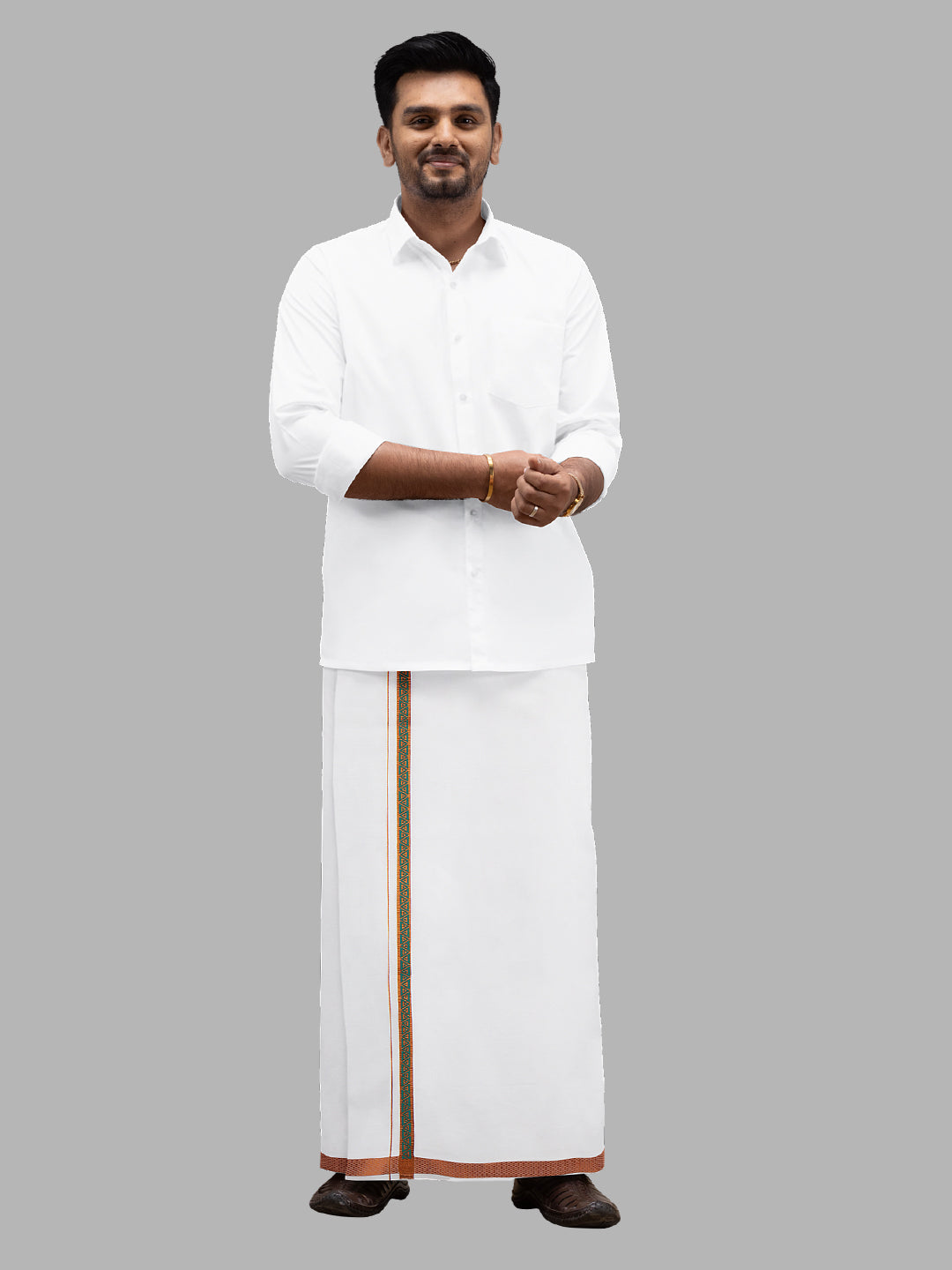 Men Adjustable Green Diamond Fancy Jari Border Pocket Dhoti