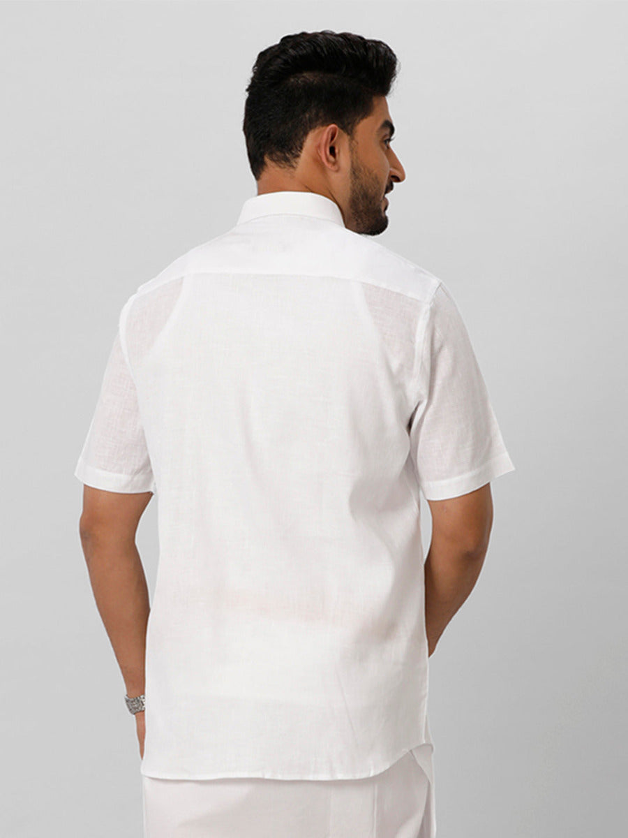 Mens Rich Linen Cotton White Shirt Half Sleeves-Back view