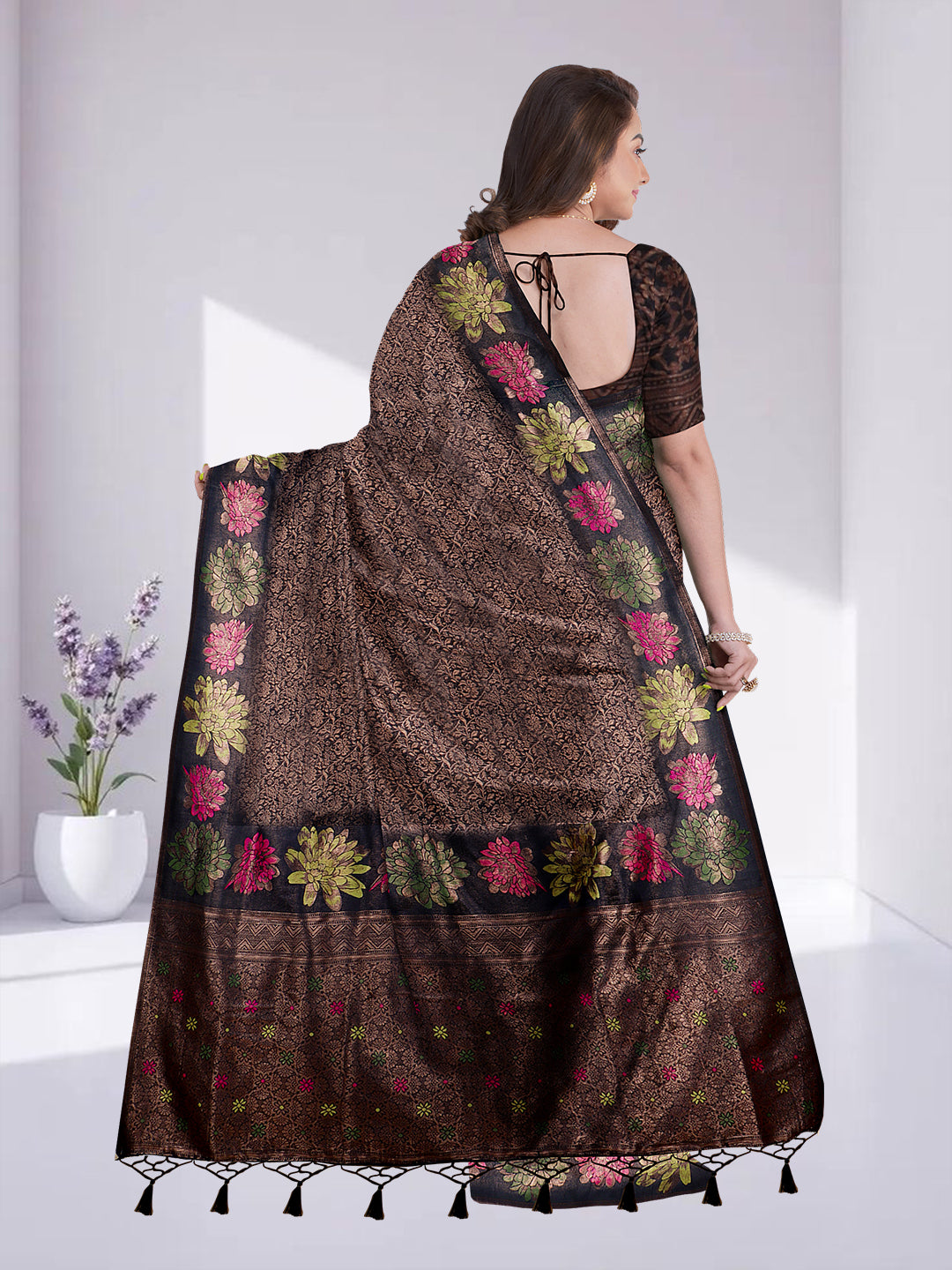 Women Black Semi Silk Saree SS368