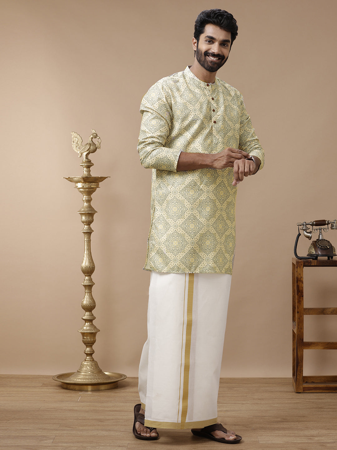 Men Cotton Medium Length Printed Pocket Kurta Yellow RE4