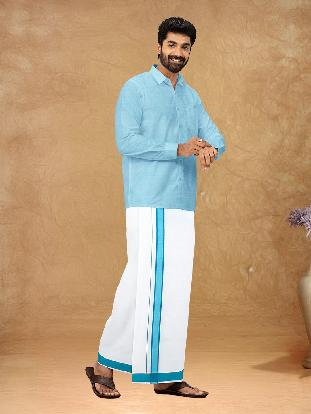 Couple Combo Shirt & Dhoti Set with Saree Blue ST217