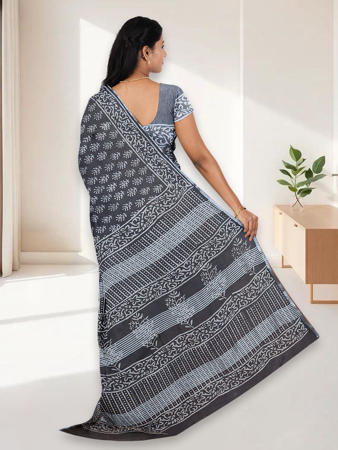Women Dark Steel Grey Semi Tussar Printed Saree ST303