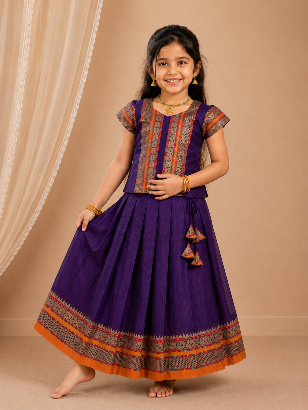 Girls Cotton Purple Pattu Pavadai Set GPS46