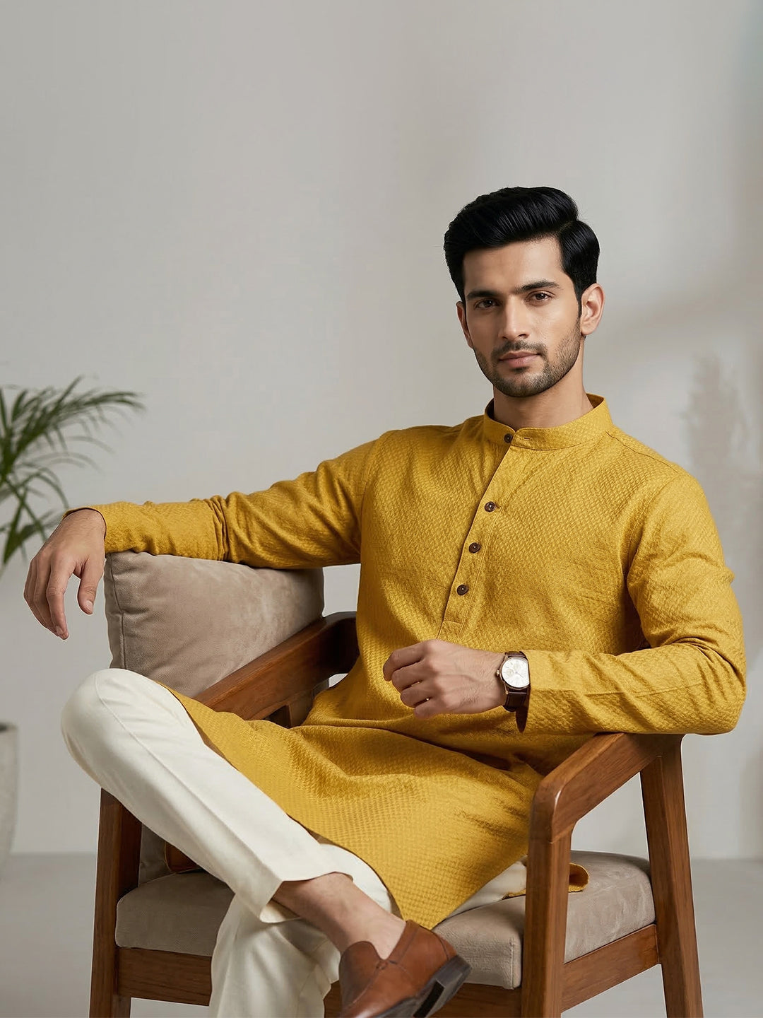Cotton Medium Length Printed Pocket Kurta Mustard Yellow MHJ2