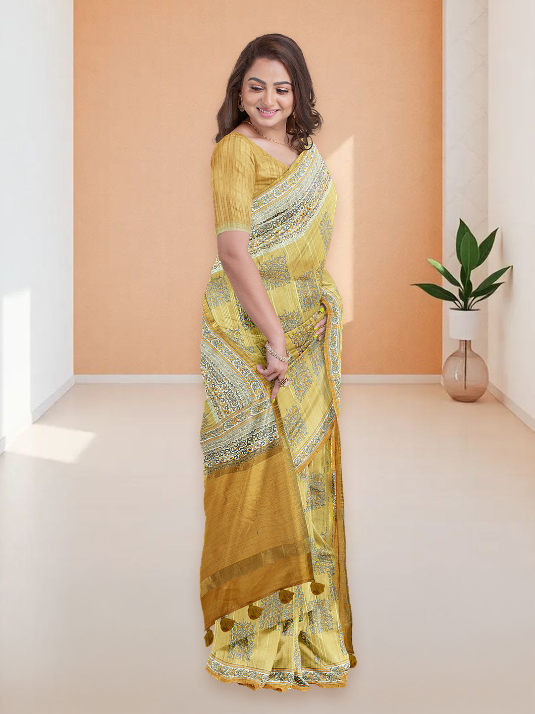 Women Mustard Yellow Semi Tussar Printed Saree ST293