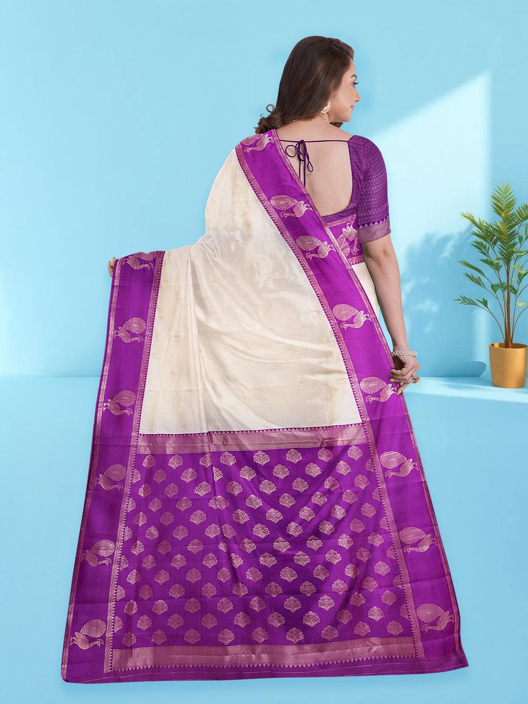 Couple Combo Self Design Shirt & Dhoti Set with Saree Cream ASS99