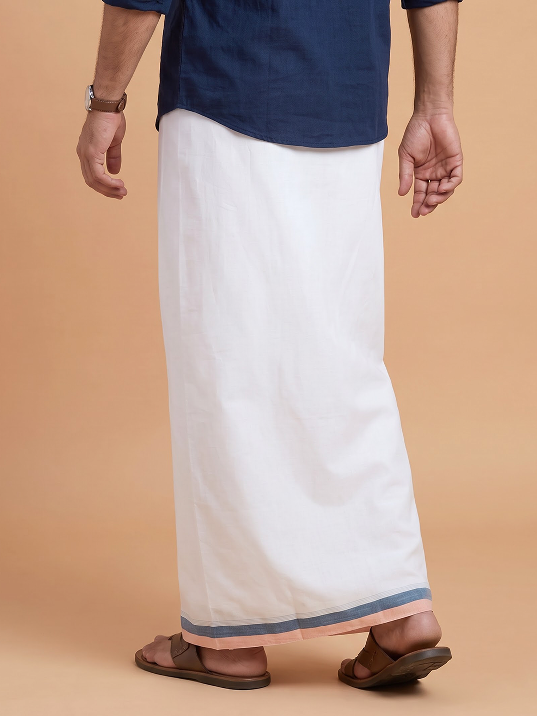 Double Layer 100% Cotton White Dhoti With Colour Jari Border - EJF31