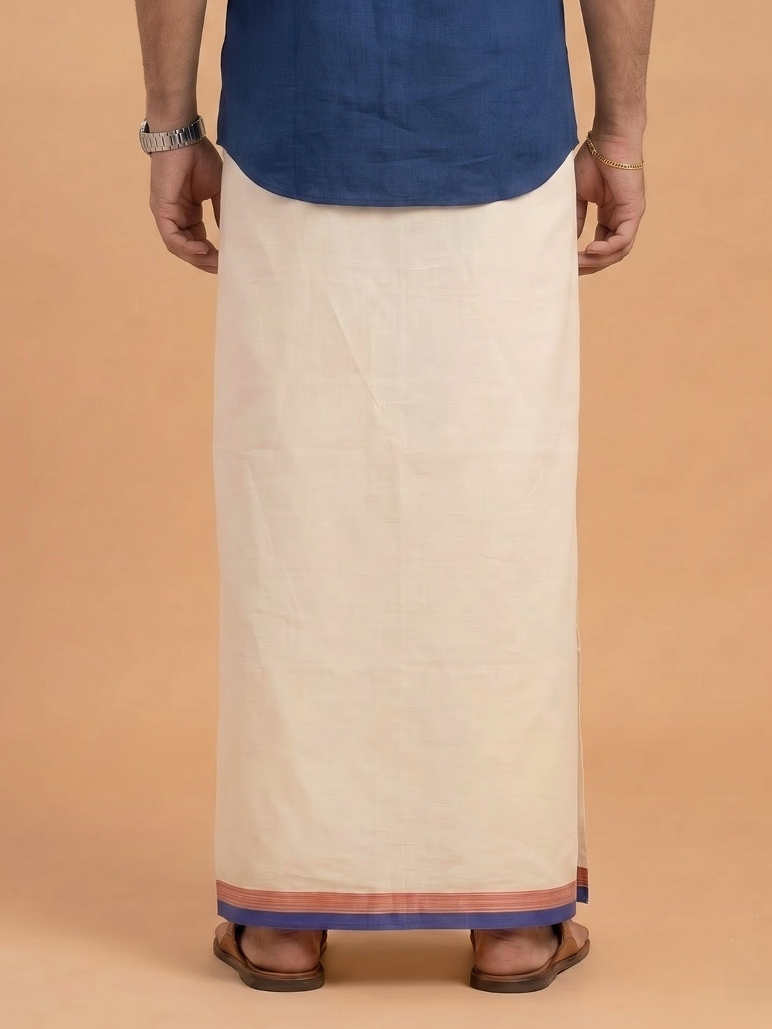 Double Layer Giza Cotton Cream Kora Dhoti with Colour Border - PKJ02