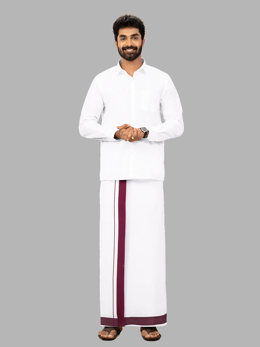 Men Purple Border Single Layer Adjustable Pocket Dhoti GACS4