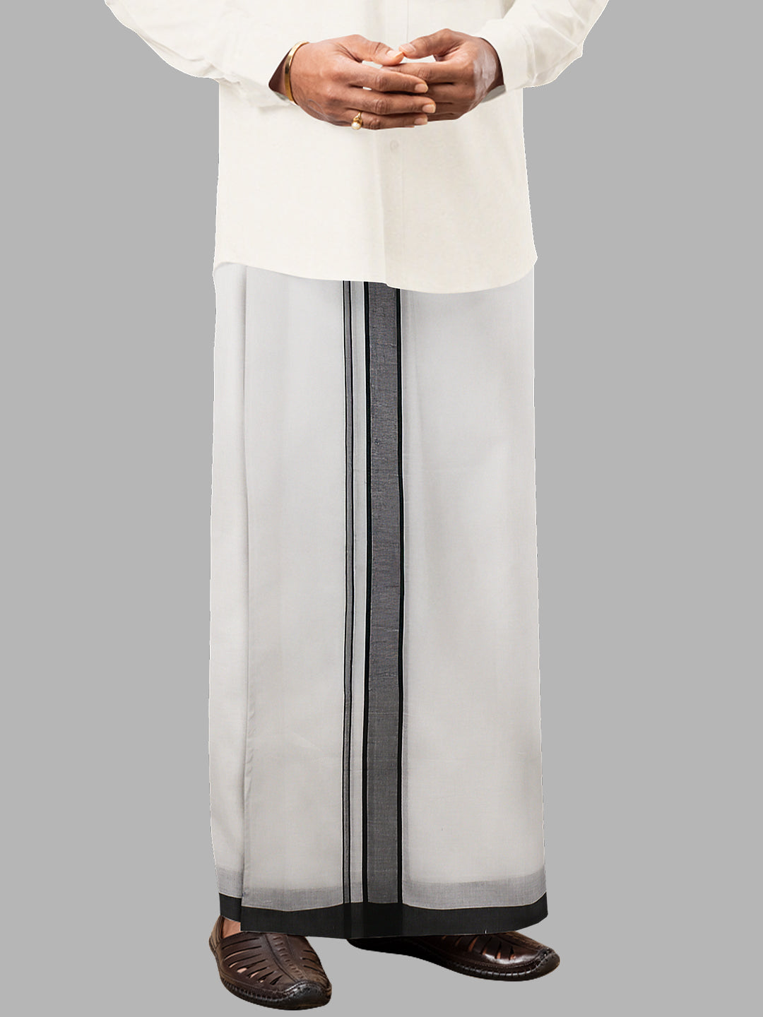 Men Black Fancy Border Double Layer White Dhoti RP2