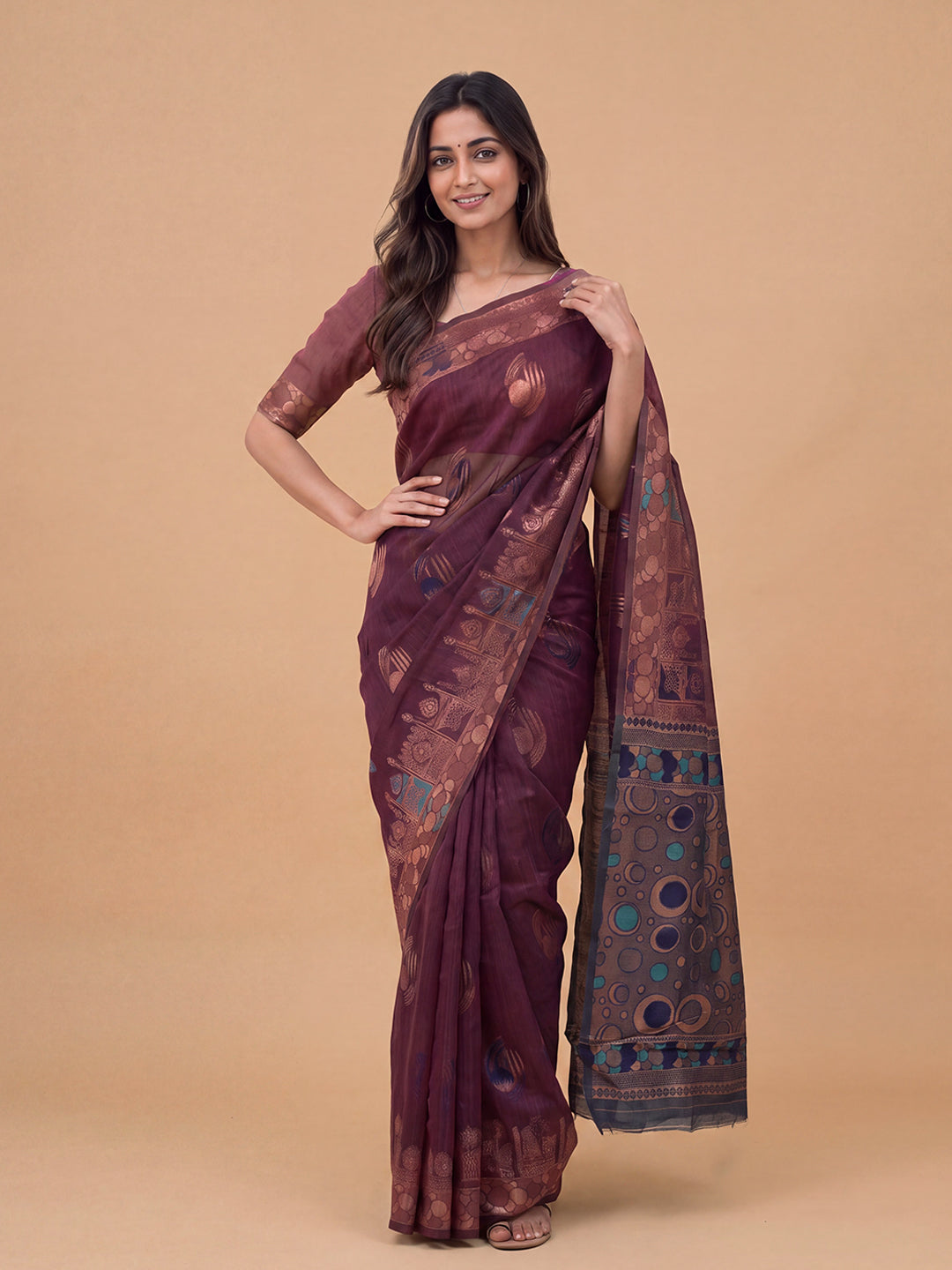 Women Spun Poly Dark Purple Printed Saree SP19