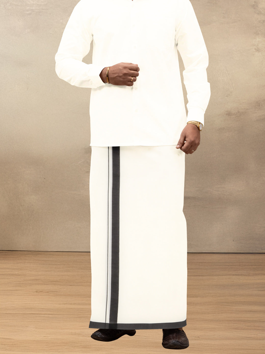 Men Kora Cotton Double Layer Dhoti with Black Fancy Border VKF13