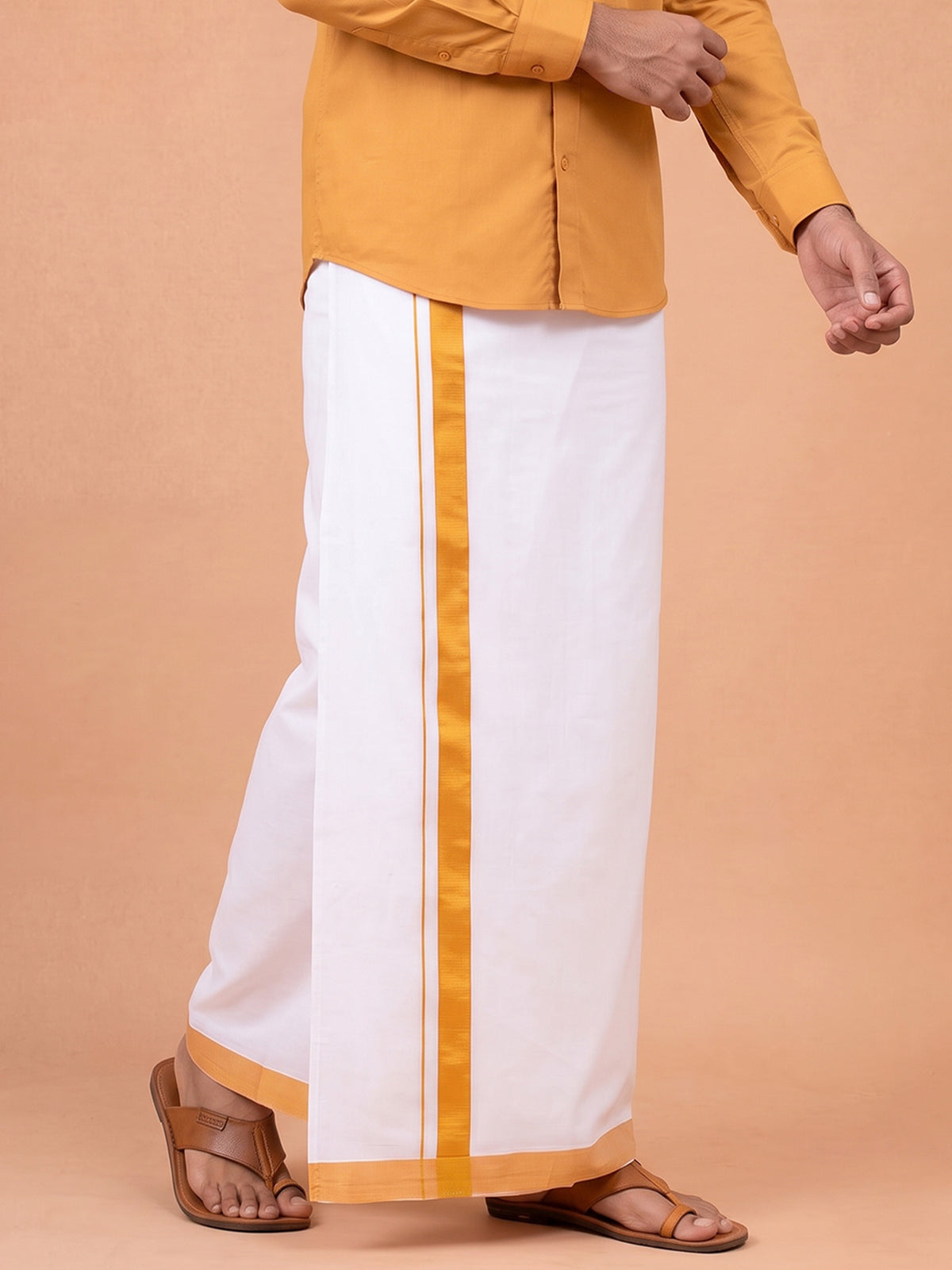 Double Layer 100% Cotton White Dhoti With Mustard Border - RS08