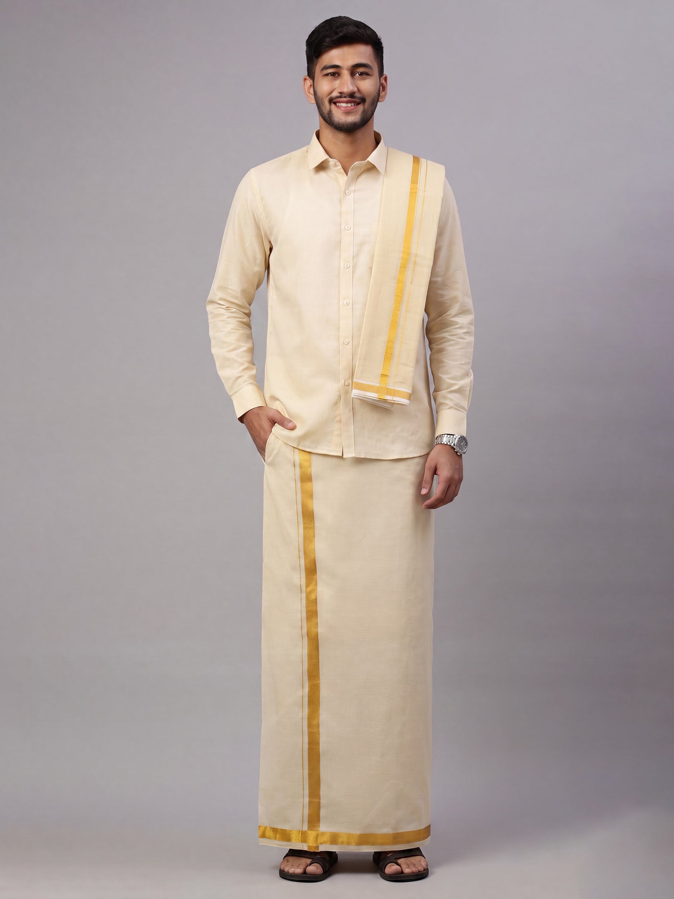 Tissue Gold Shirt Dhoti & Towel Set