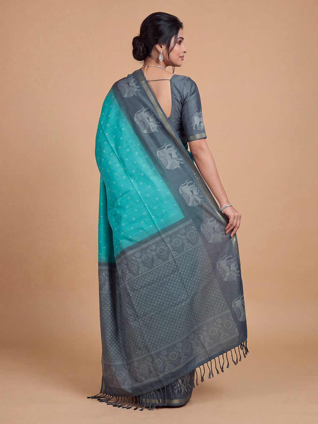 Women Semi Raw Silk Teal Green with Grey Fancy Printed Saree SRS126