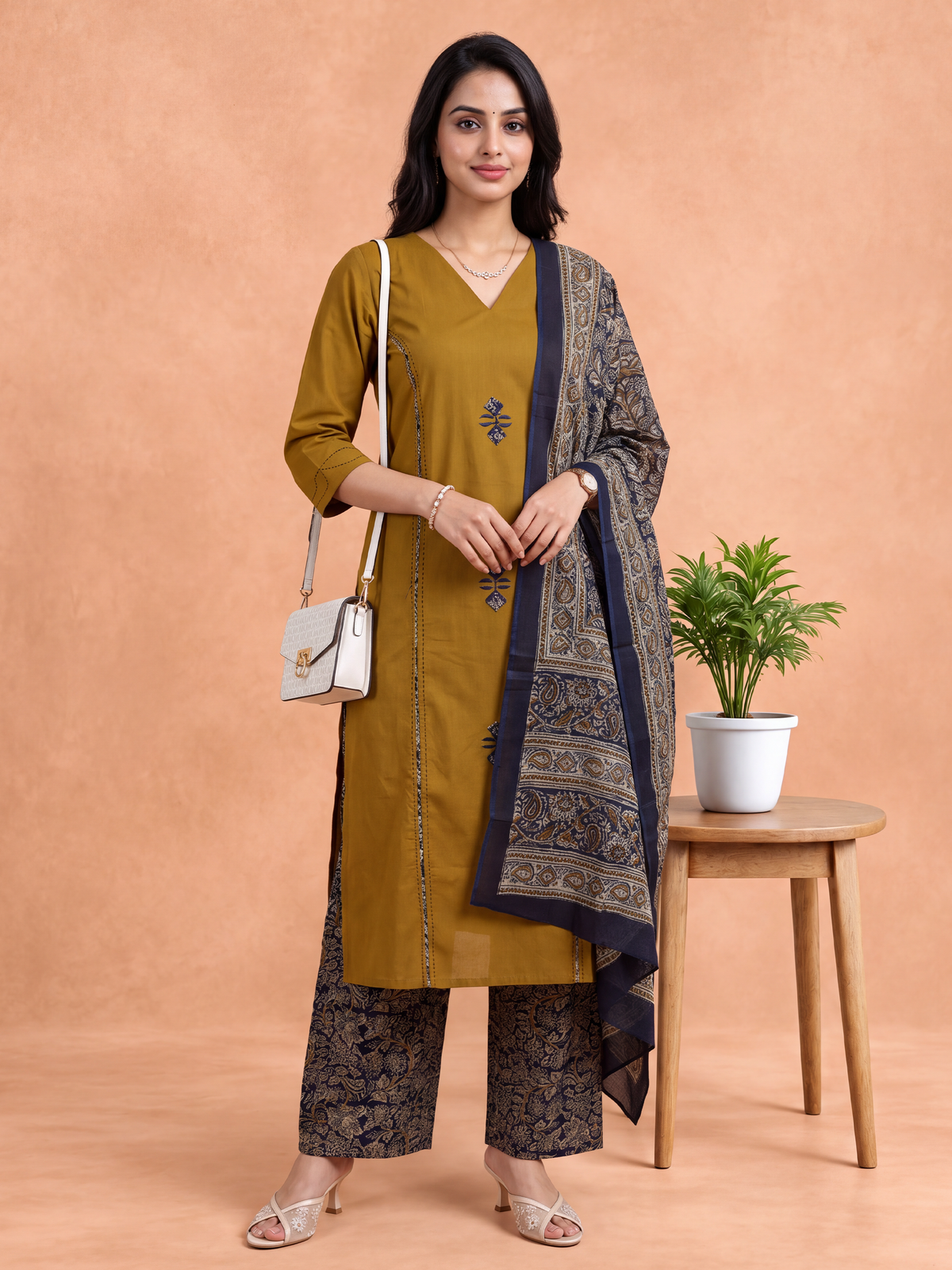 Women Floral Printed Mustard Kurti Set EKS156
