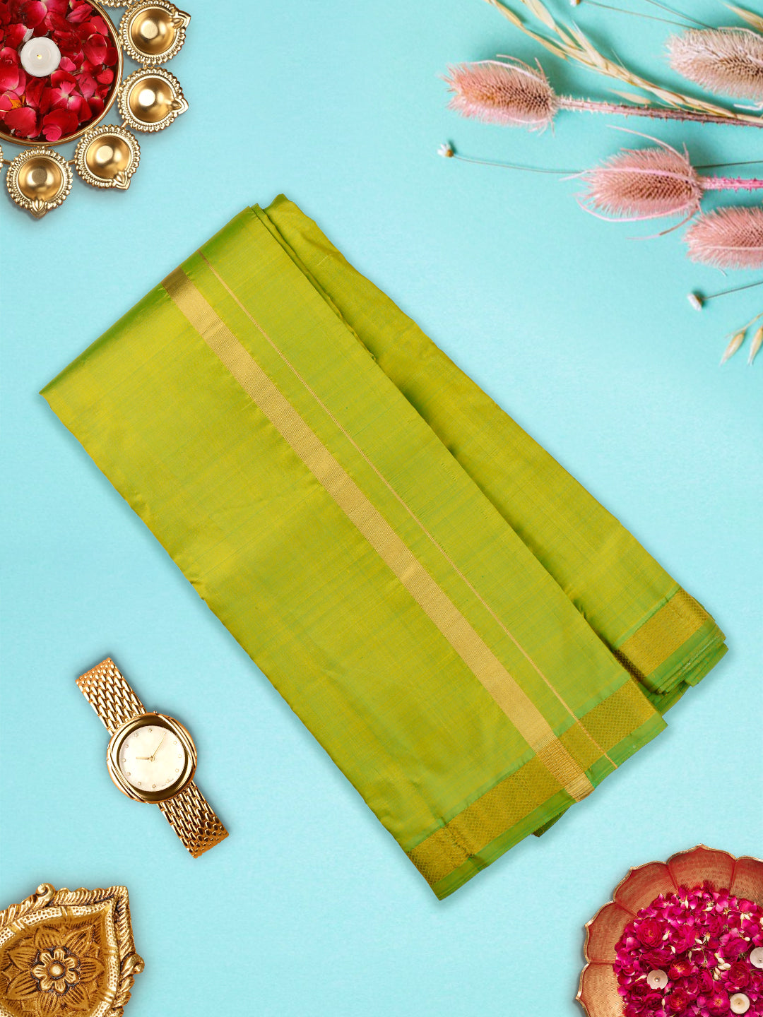 Premium Pure Silk Parrot Green Dhoti With Angavastram 1" Gold Jari Border Thirukalyan-view two