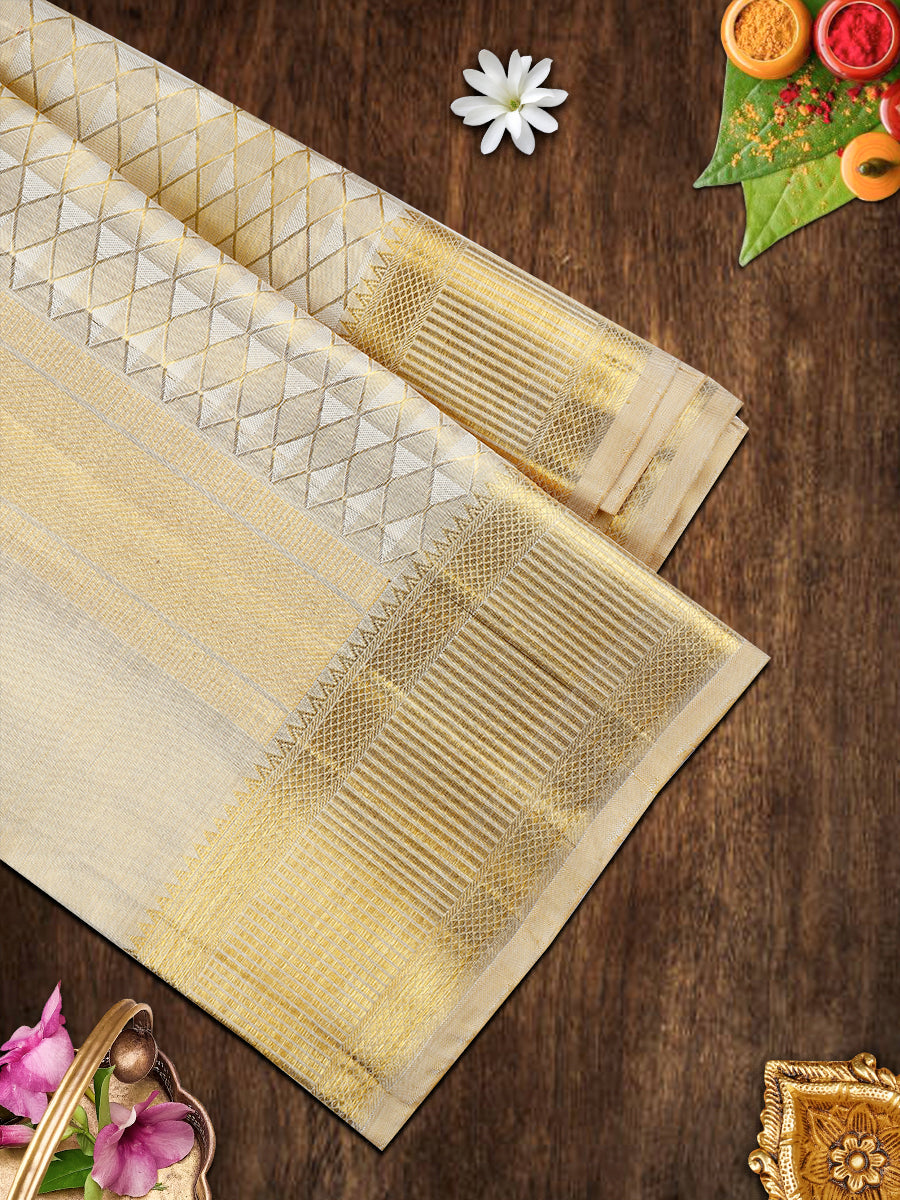 Premium Pure Silk Tissue Jari Dhoti With Angavastram 5" Gold Jari Border Agarshanaa-View three