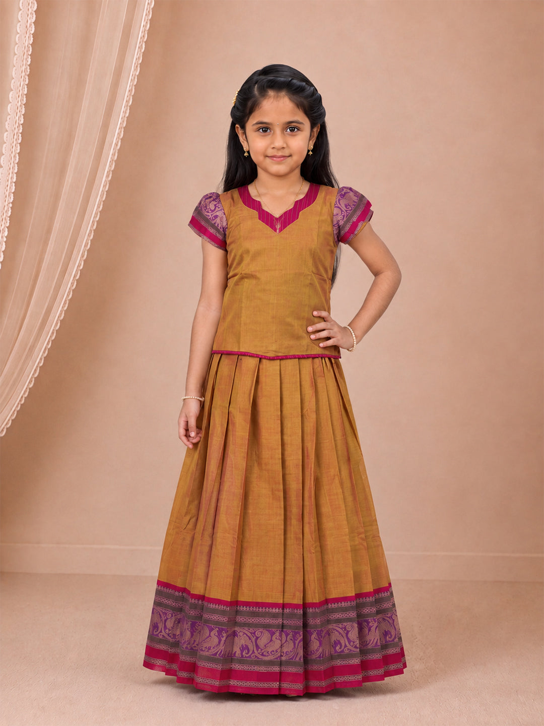 Girls Cotton Mustard with Pink Pattu Pavadai Set GPS59
