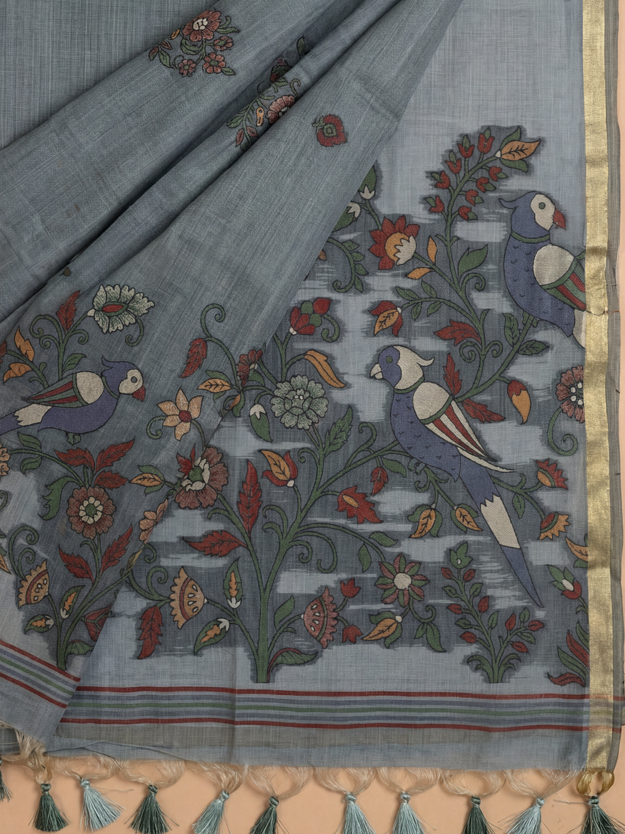 Women Pure Cotton Printed Bluish Grey Saree PCS269