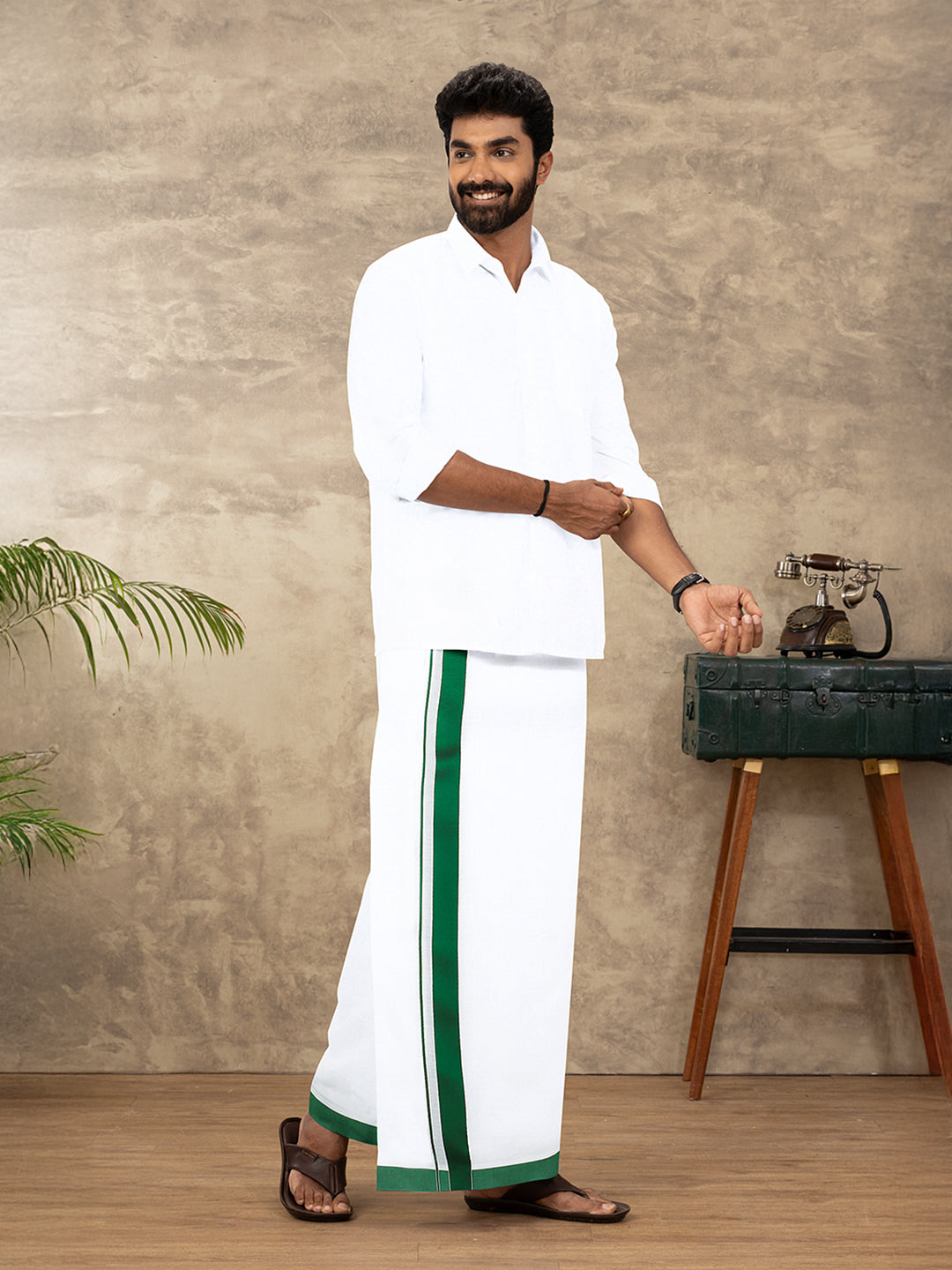 Men Cotton Blend Double Layer White Dhoti with Fancy Border TS06