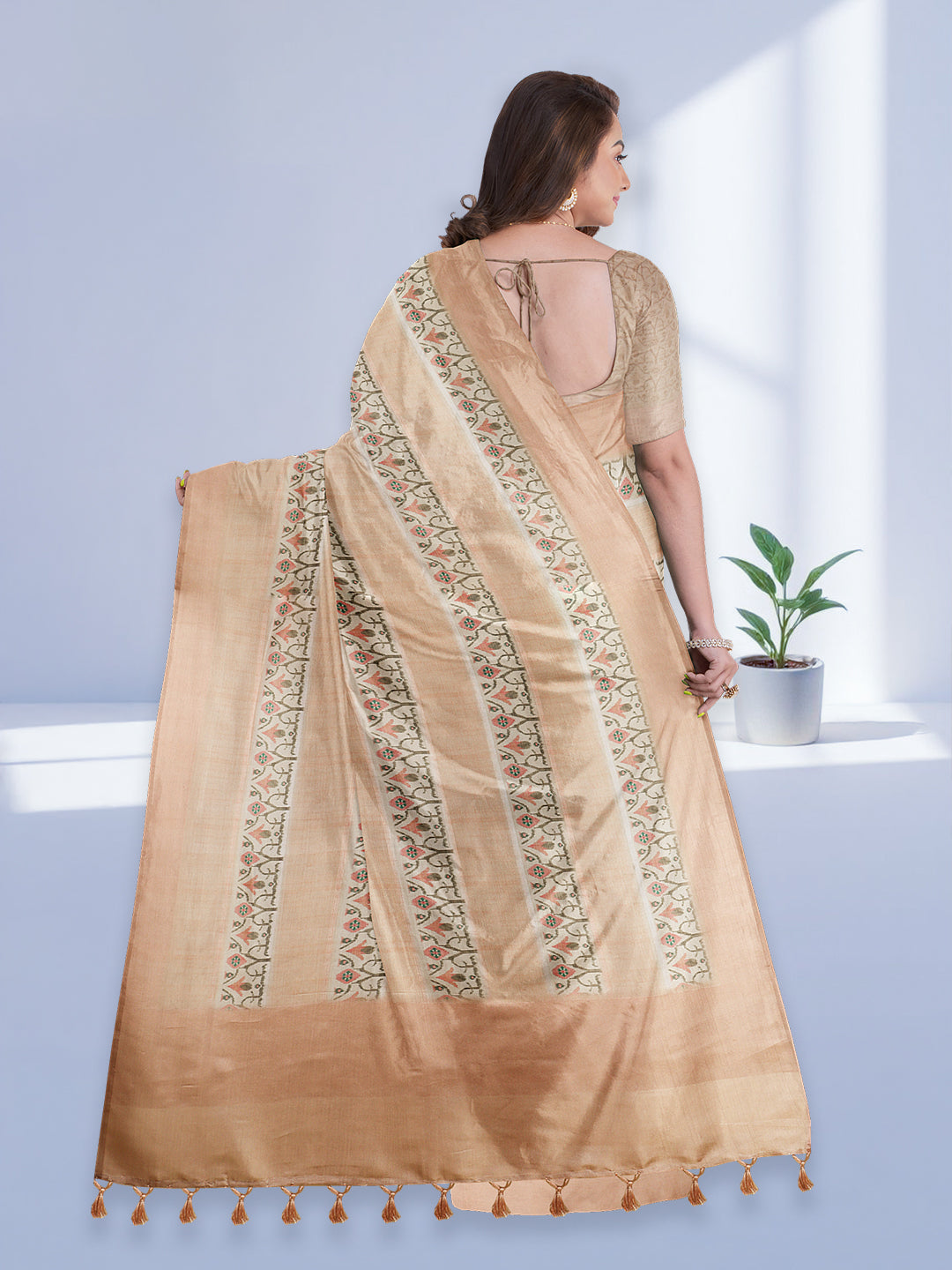 Women Peach Semi Tussar Printed Saree ST294