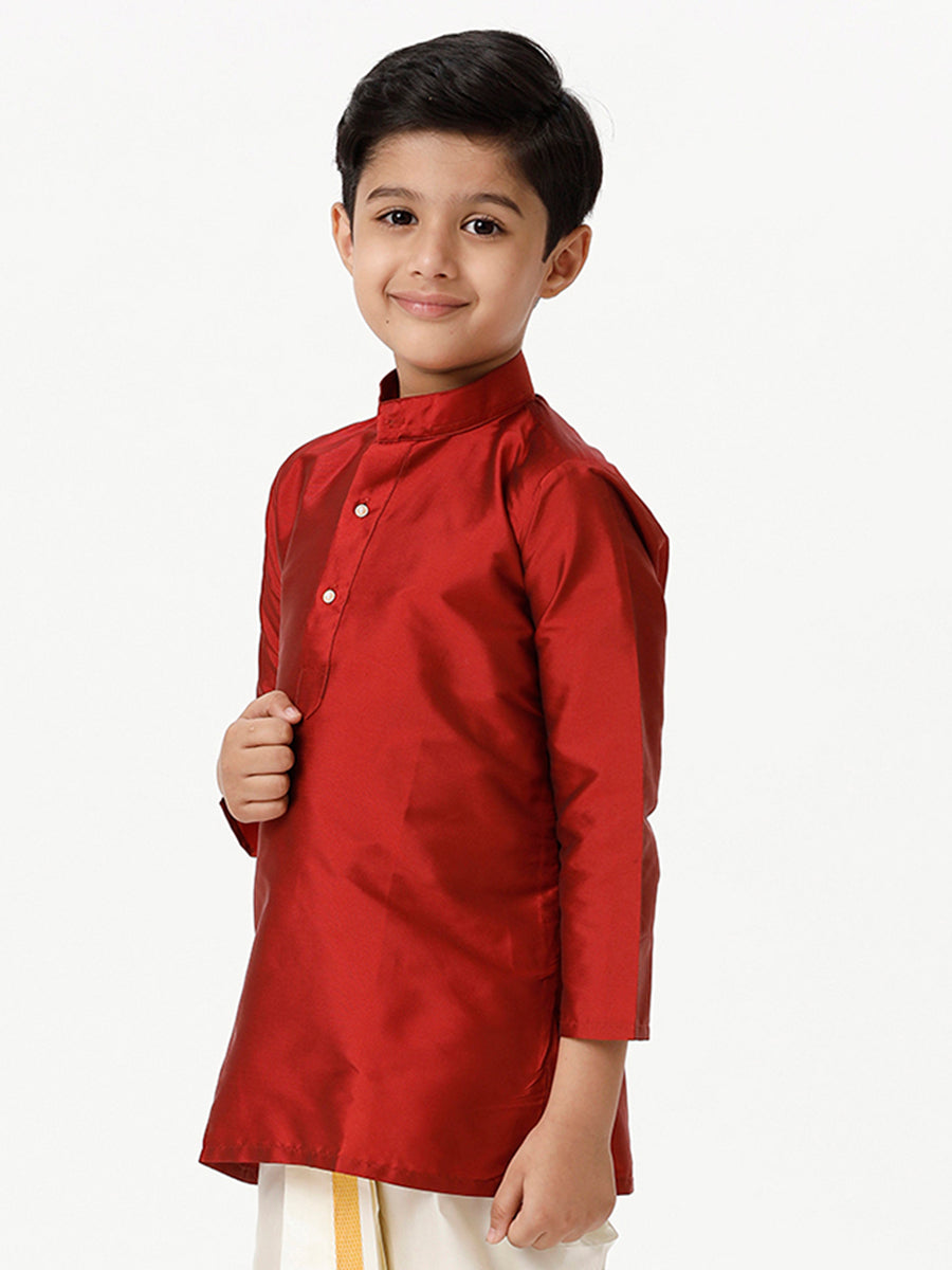 Boys Silk Cotton Full Sleeves Red Kurta-Side view
