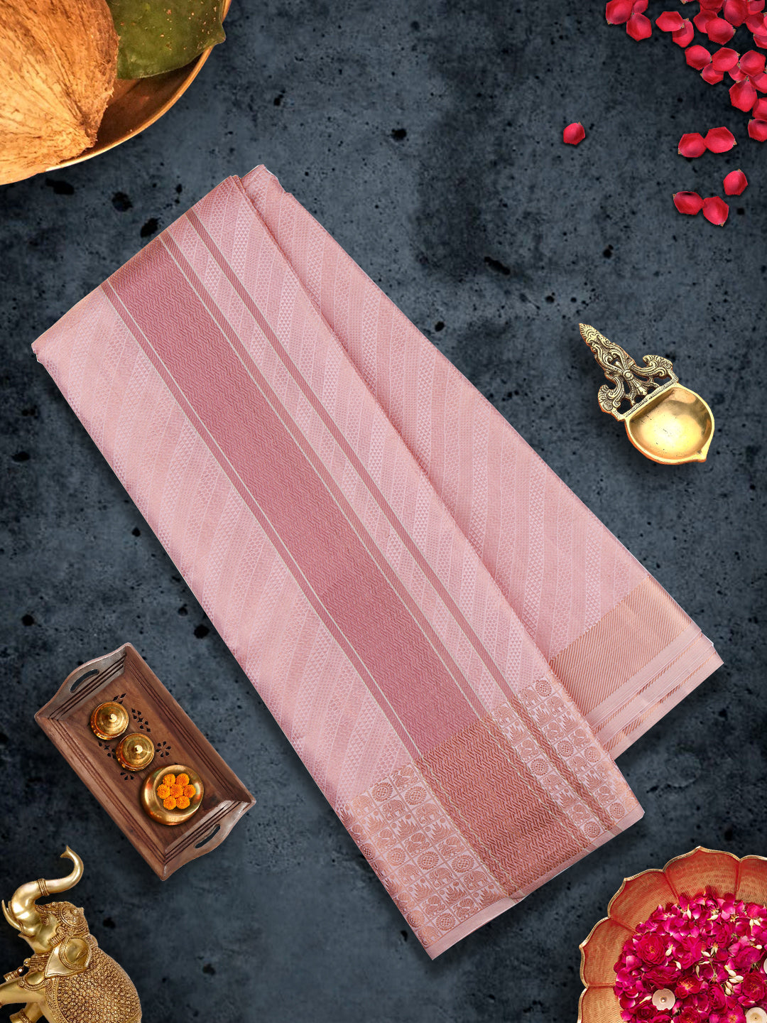 Pure Silk Embossed 5" Pink Jari Border Dhoti With Towel Thirukalyan-View two