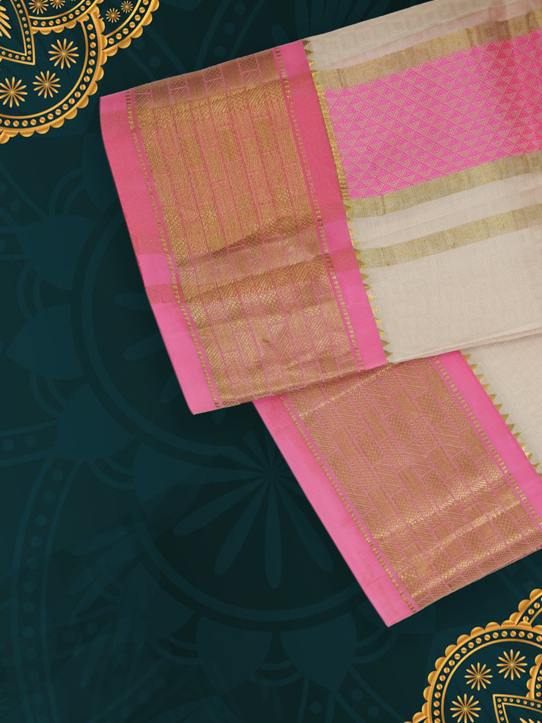 Men Pure Silk Sandal Dhoti with 3" inch Pink & Gold Fancy Jari Border