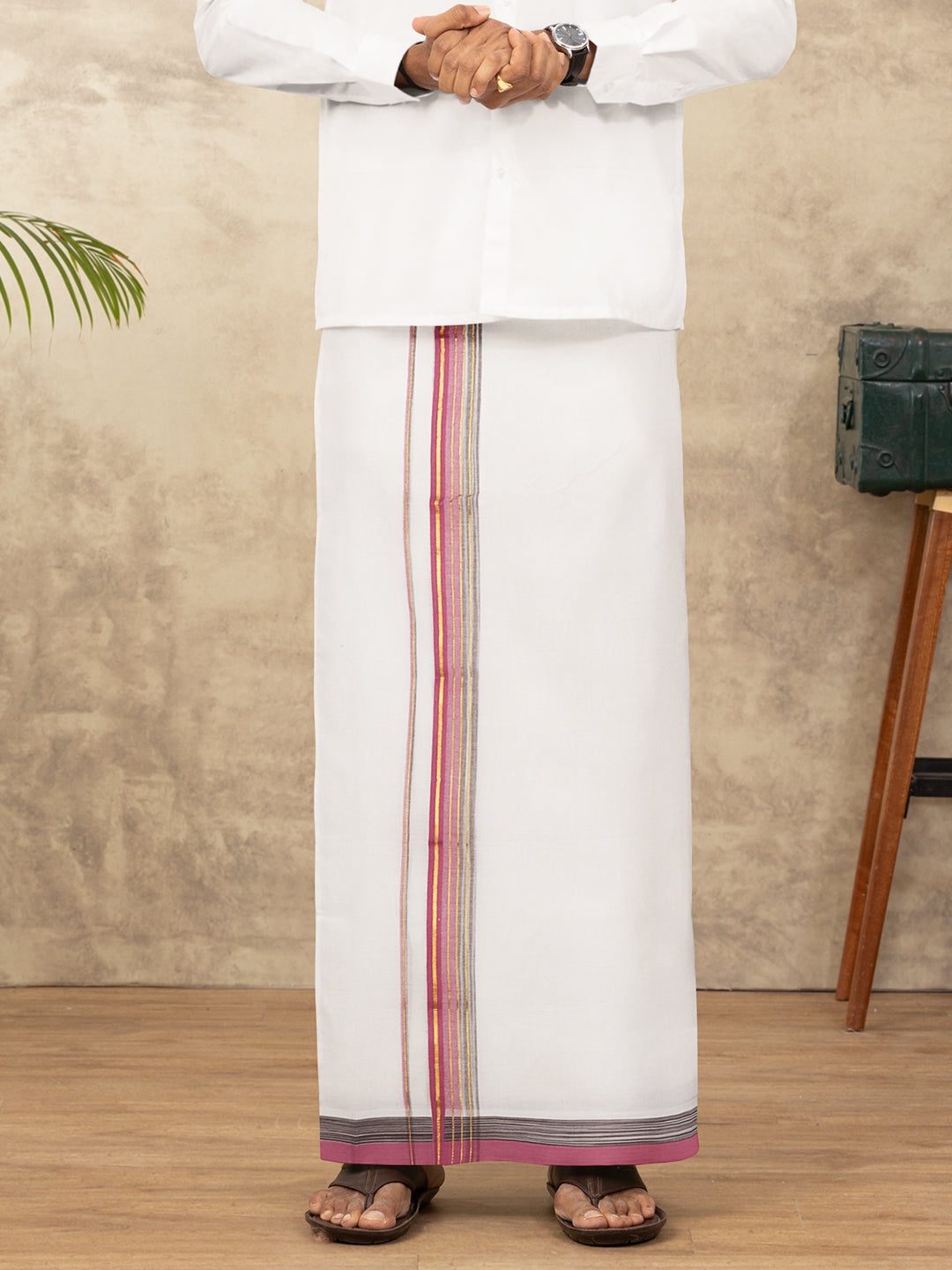 Men 100% Cotton Double Layer White Dhoti with Fancy Jari Border MJF08