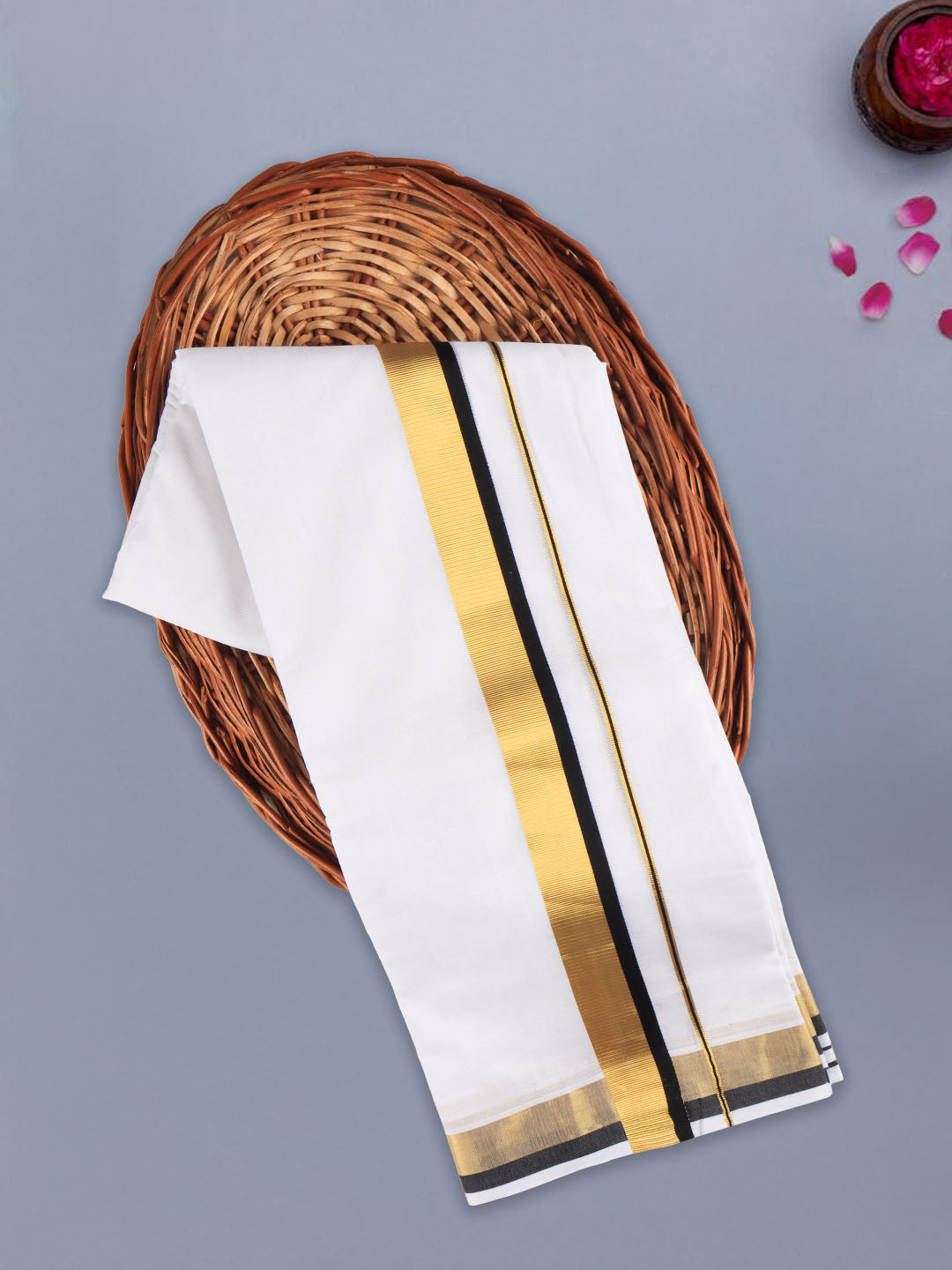 Men 100% Cotton Double Layer White Dhoti with Fancy Jari Border LC07