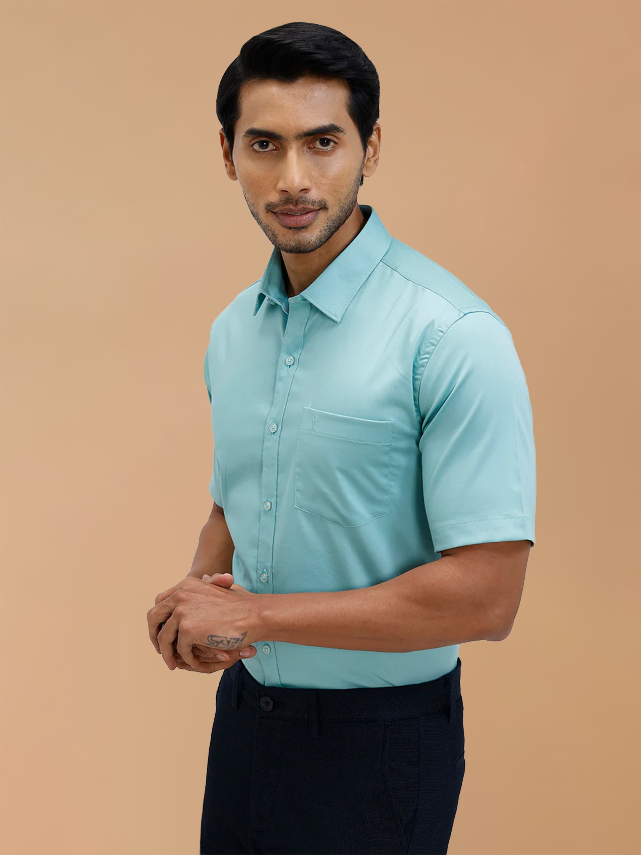 Cotton Rich Shadow Green Regular Fit Shirt T53 ACT4