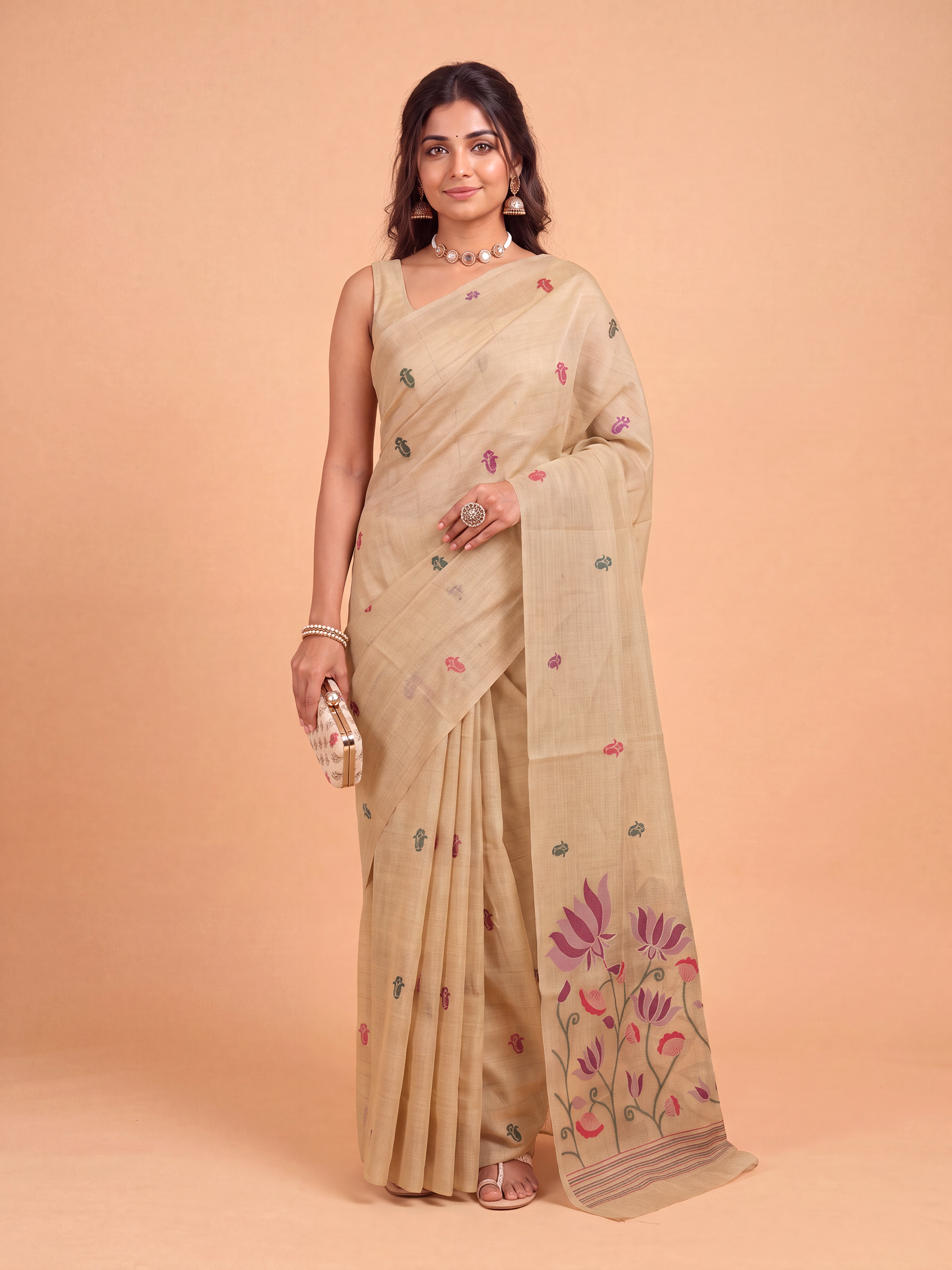 Women Light Brown Spun Poly Printed Saree SP12