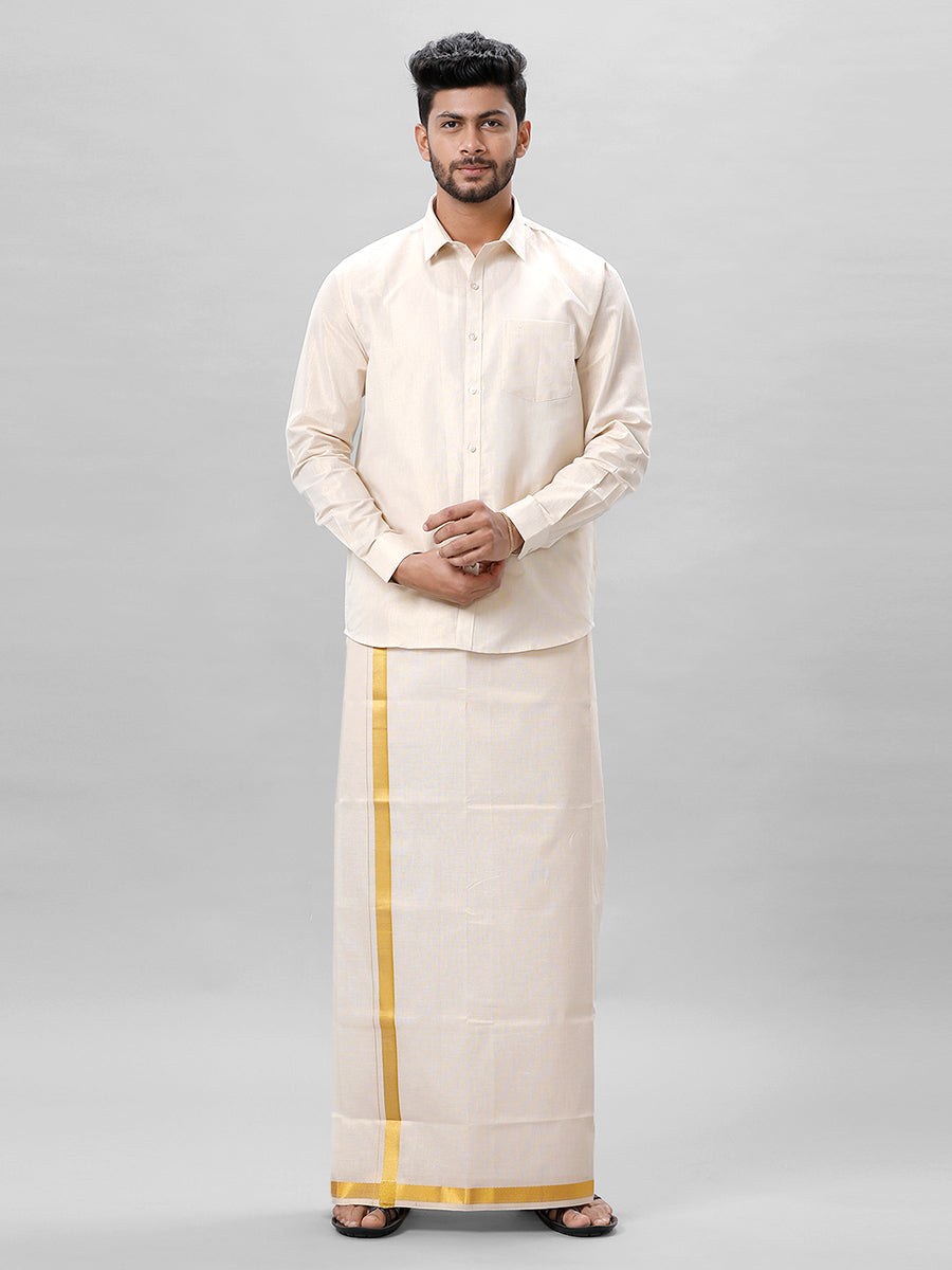 Mens Gold Tissue Full Sleeve Shirt with Matching Readymade Single Dhoti Combo