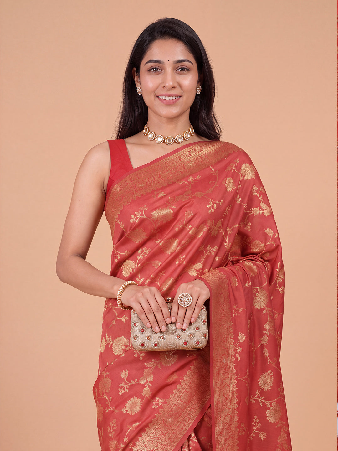 Women Semi Tussar Red Saree ST356